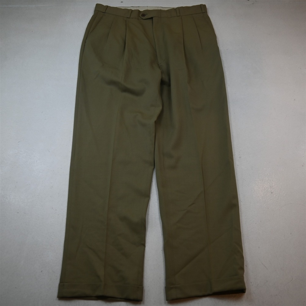 Vtg Y2K 2000s 36x34 Khaki 100% Wool Pleated Cuffed High Waist Baggy Dress Pants